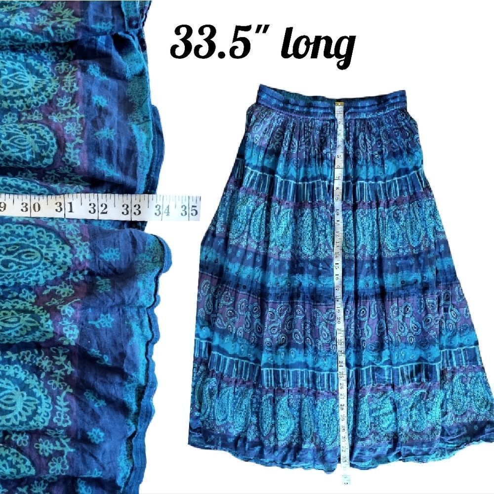 VTG 80s Blue Teal Purple Paisley Print Cotton Broomstick Midi Skirt Medium - Picture 11 of 13